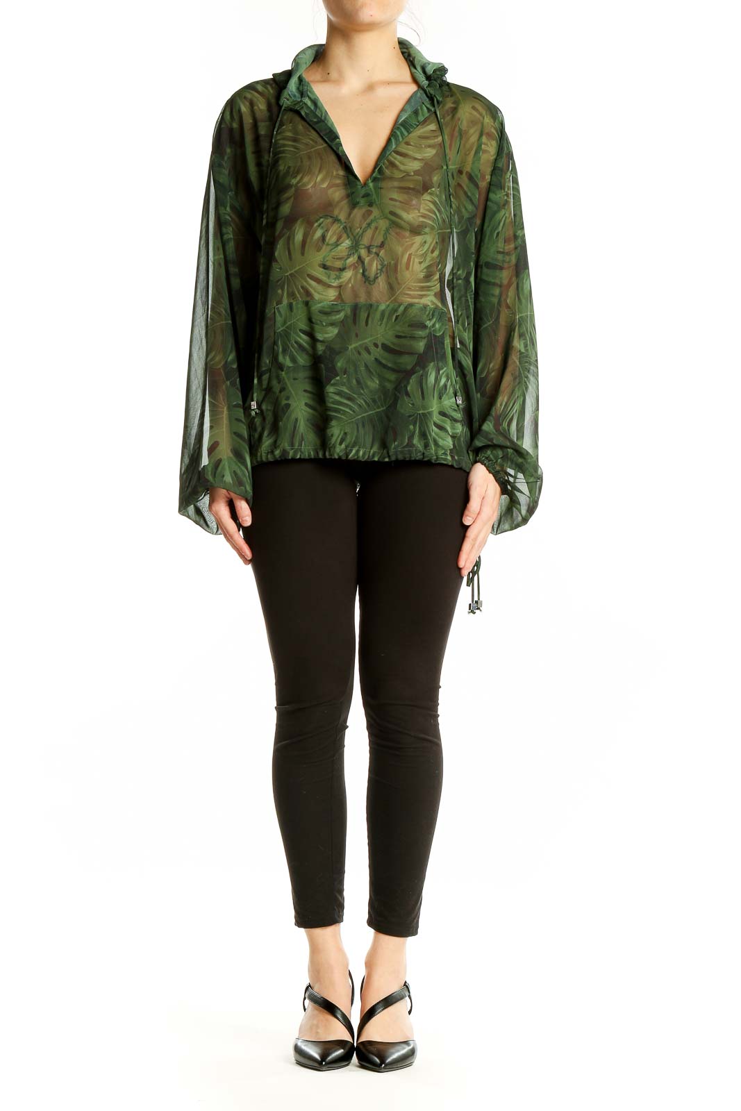 Front view of Michael Kors green tropical print sheer hoodie with v-neck