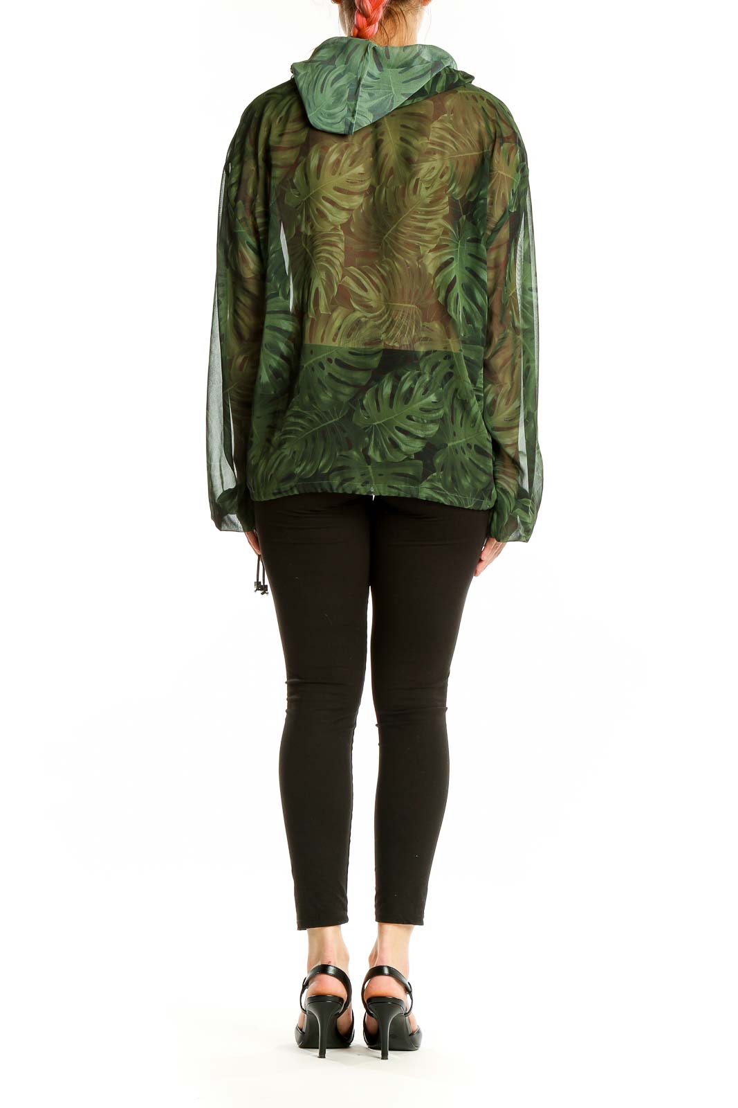 Back view of Michael Kors green tropical print sheer hoodie showing full pattern