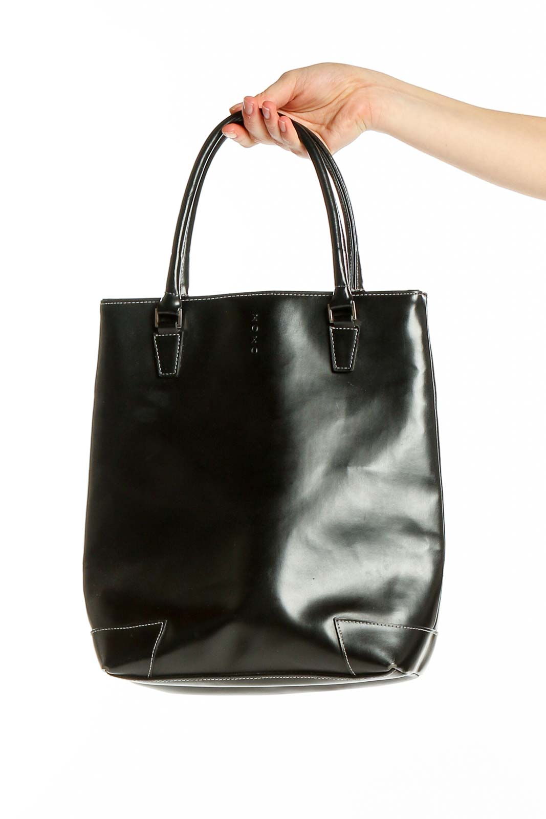 Front view of black vinyl XOXO structured tote bag