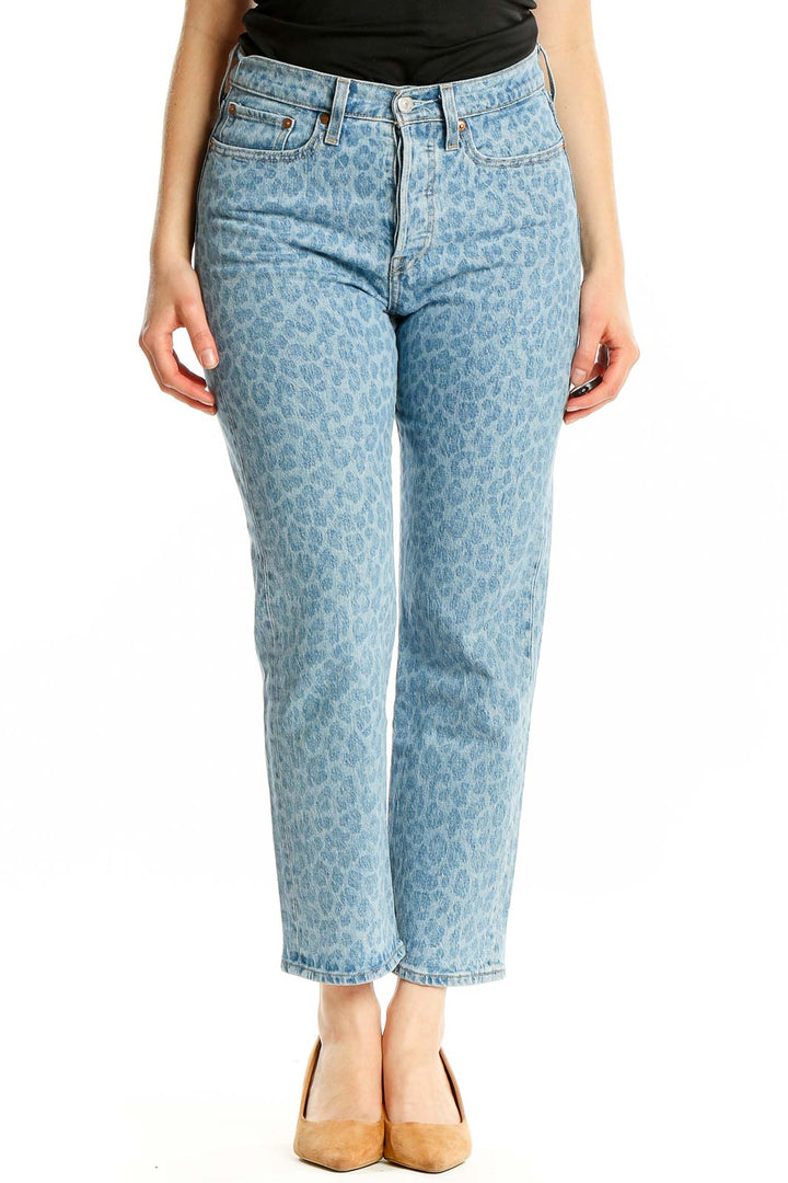 Front view of Levi's Light Blue Leopard Print Straight Leg Jeans on model