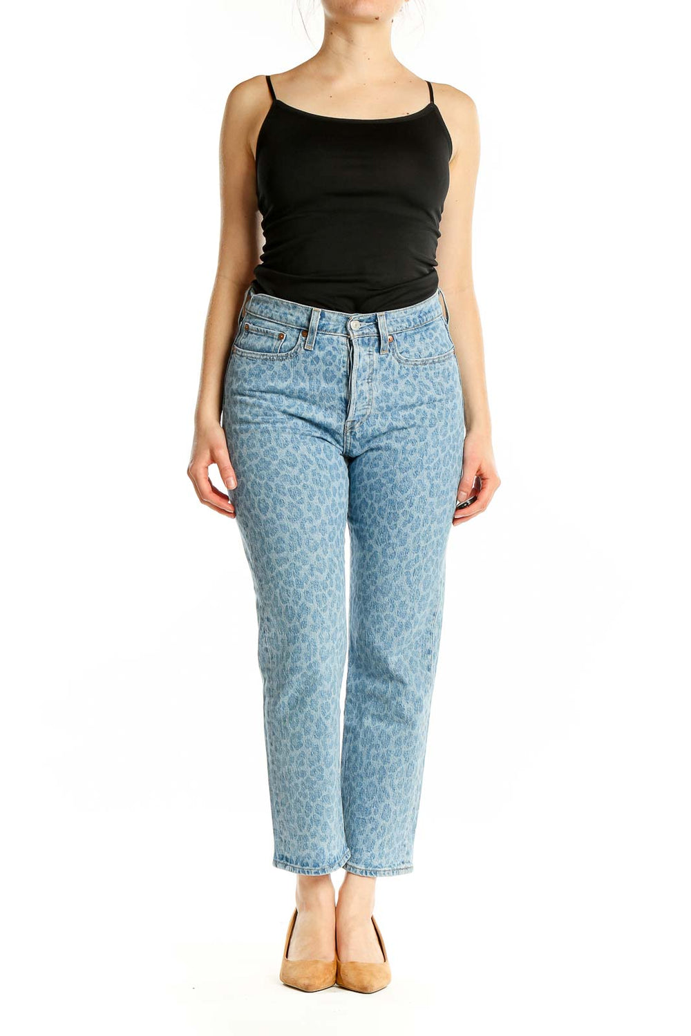 Front view of Levi's Light Blue Leopard Print Straight Leg Jeans on model