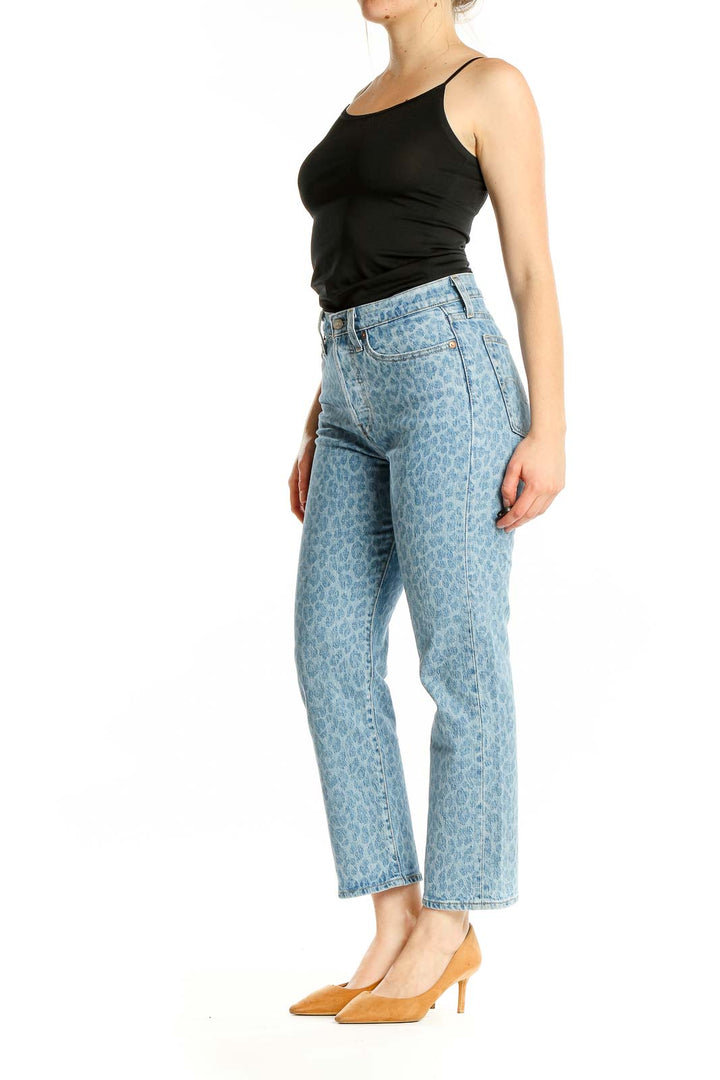 Front view of Levi's Light Blue Leopard Print Straight Leg Jeans on model