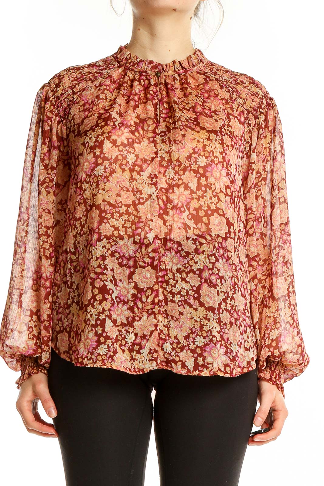 Front view of Joie burgundy floral print sheer blouse with high neckline