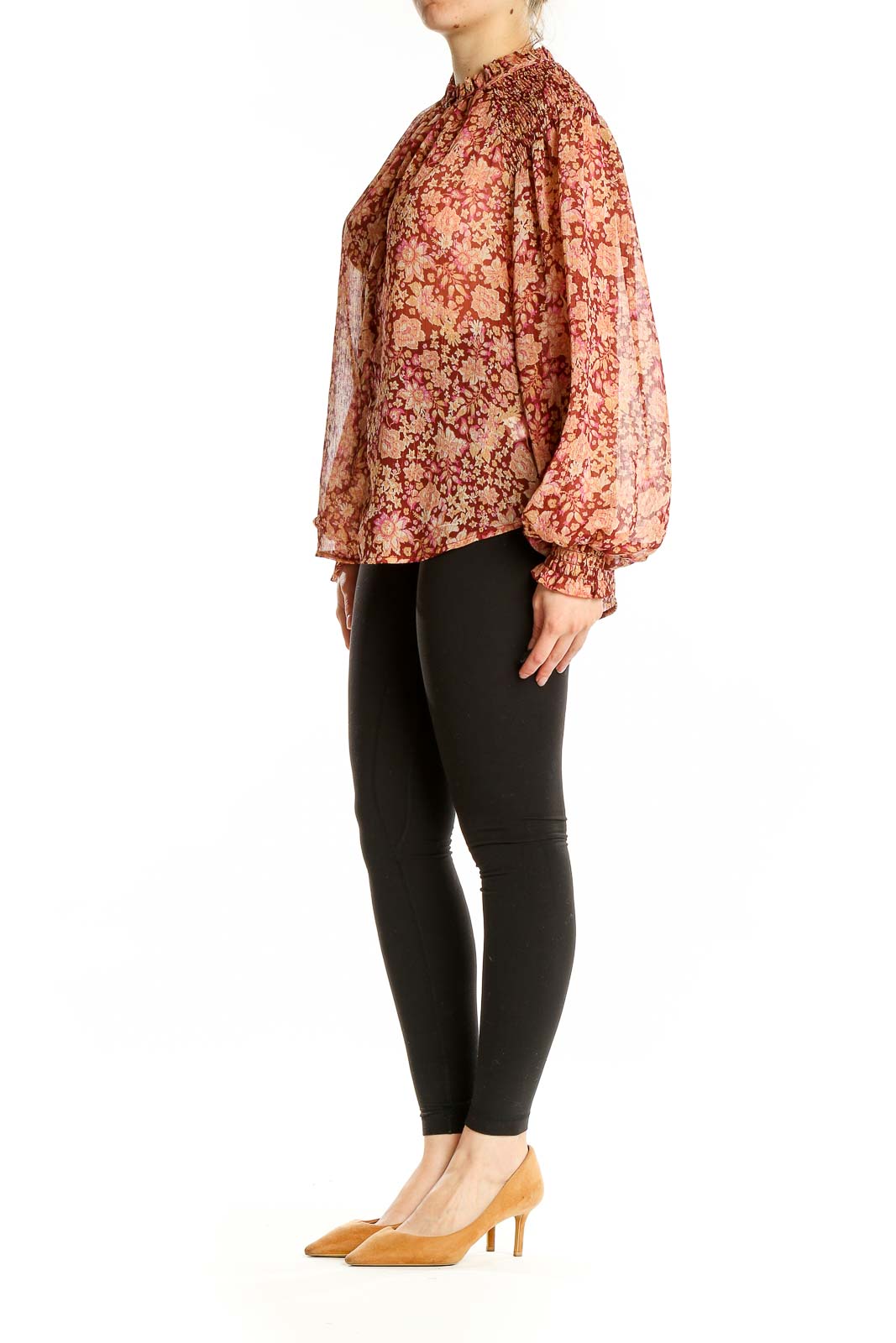 Front view of Joie burgundy floral print sheer blouse with high neckline