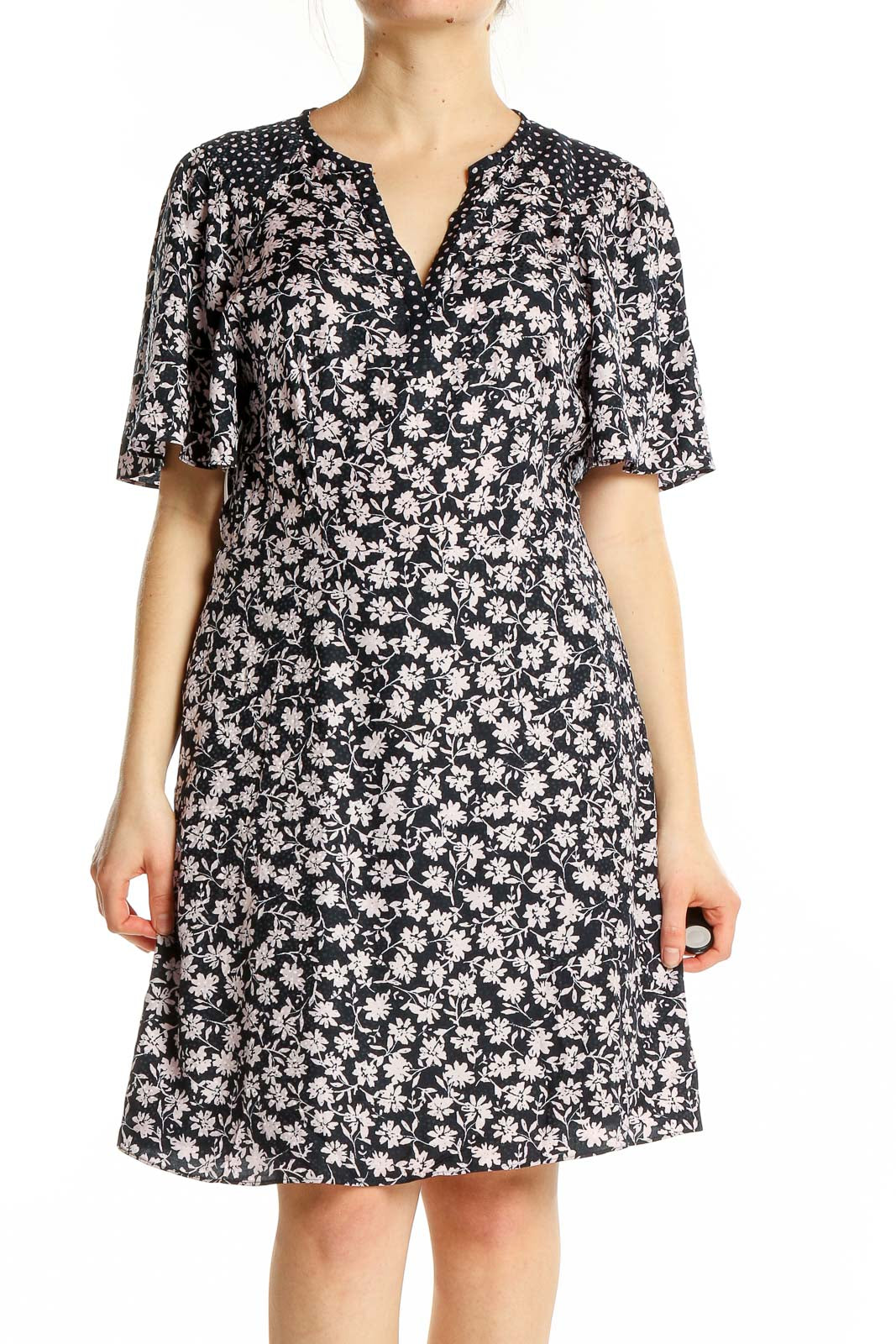 Front view of Rebecca Taylor black floral print dress with flutter sleeves