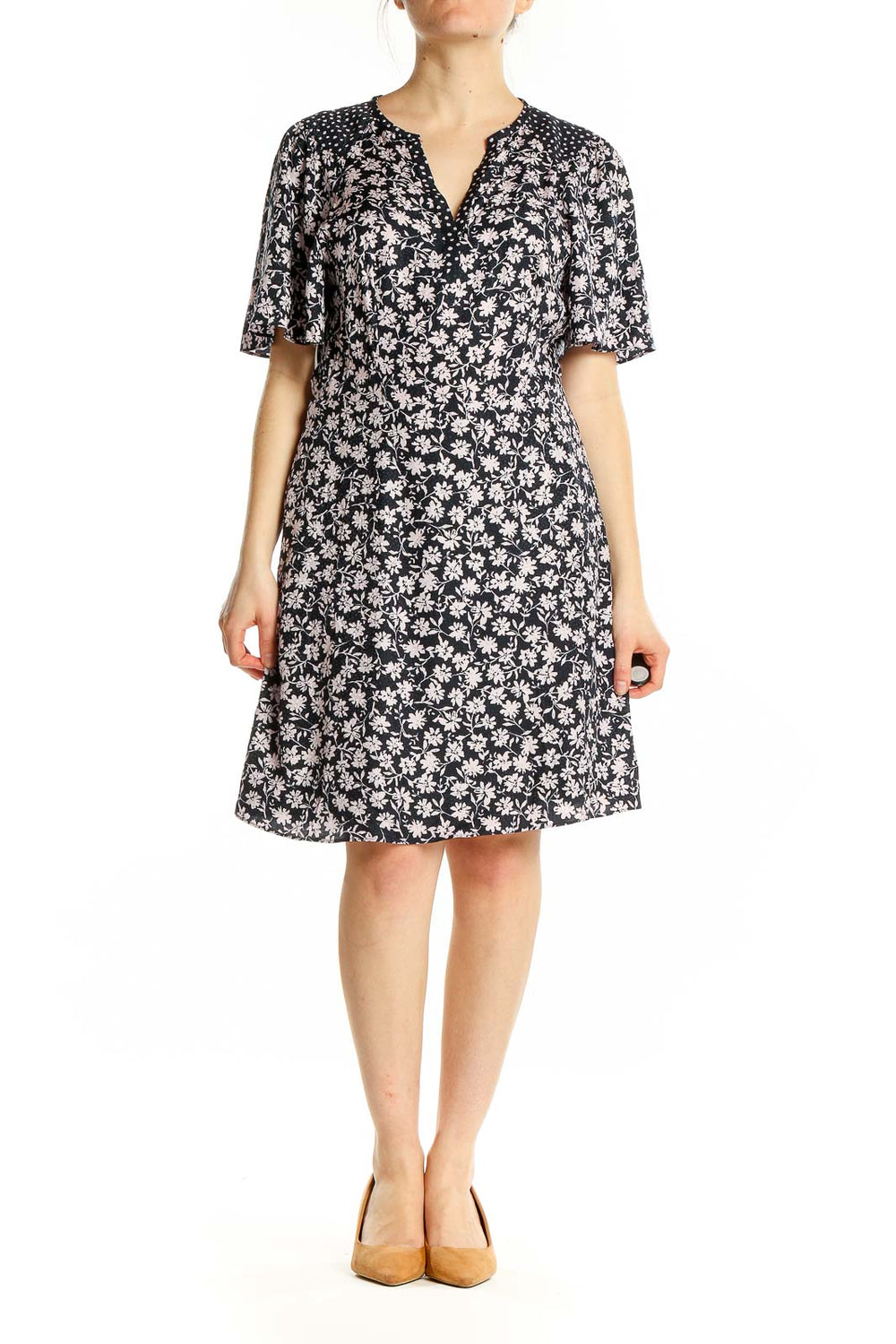 Front view of Rebecca Taylor black floral print dress with flutter sleeves