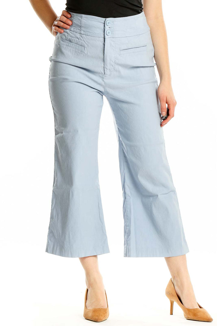 Front view of Maeve light blue wide-leg cropped pants with high waist