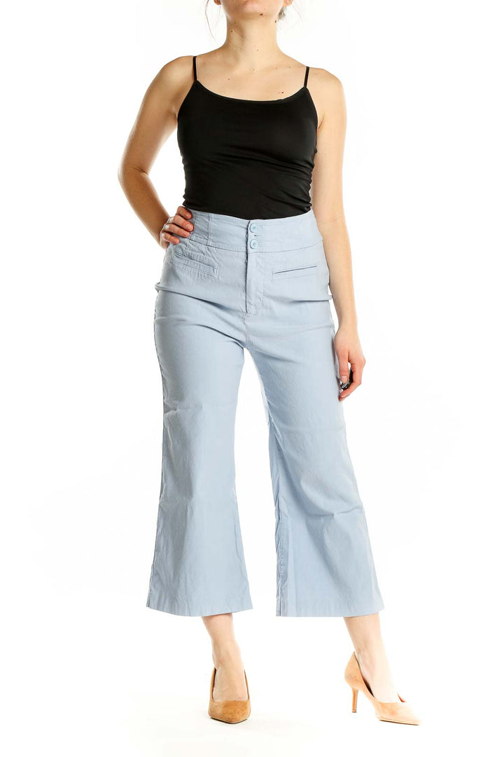 Front view of Maeve light blue wide-leg cropped pants with high waist