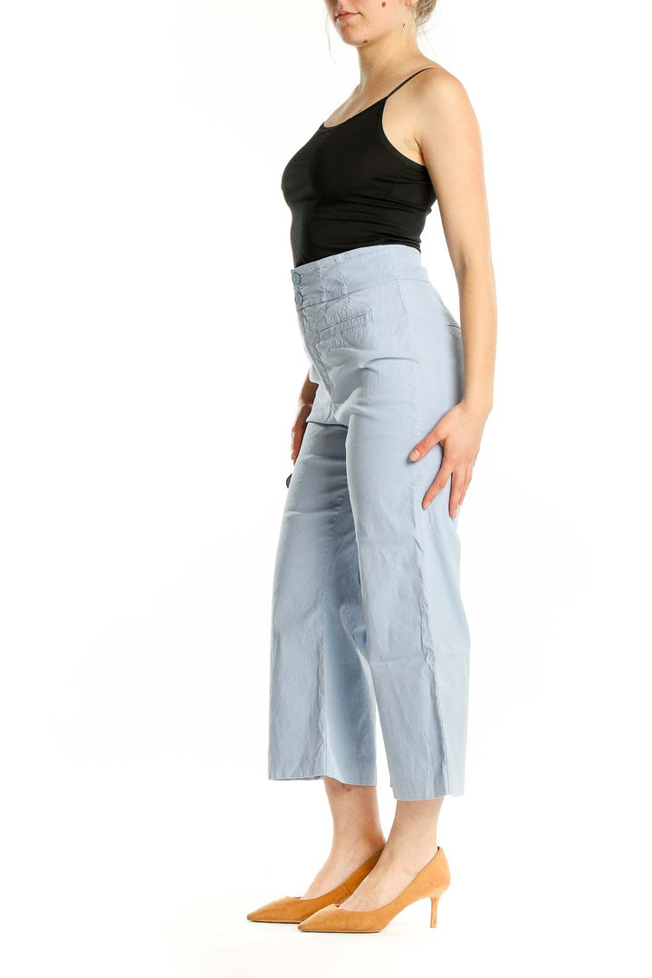 Front view of Maeve light blue wide-leg cropped pants with high waist