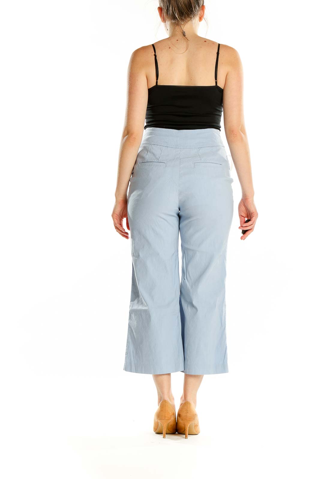 Back view of Maeve light blue wide-leg cropped pants showing relaxed fit