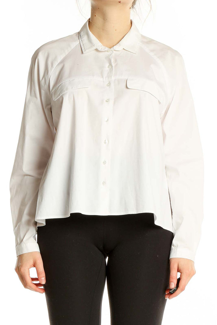 Front view of Anne Fontaine white button-up shirt with chest pocket