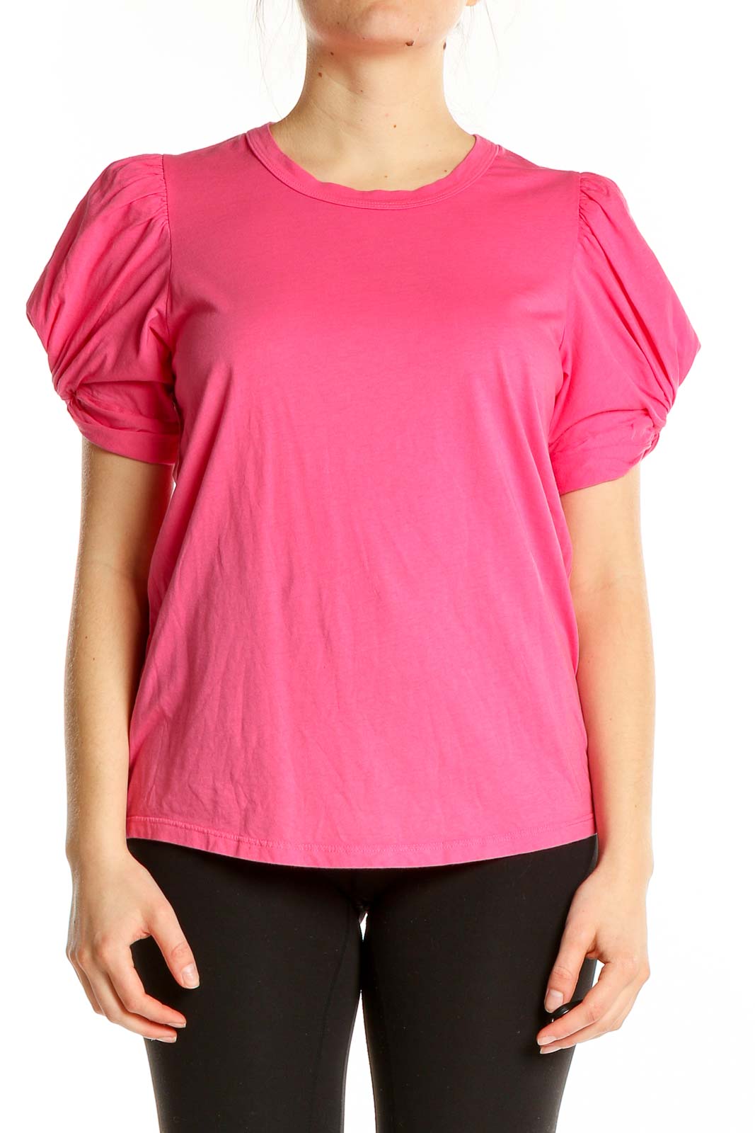 Front view of A.L.C. pink puff-sleeve cotton top on model