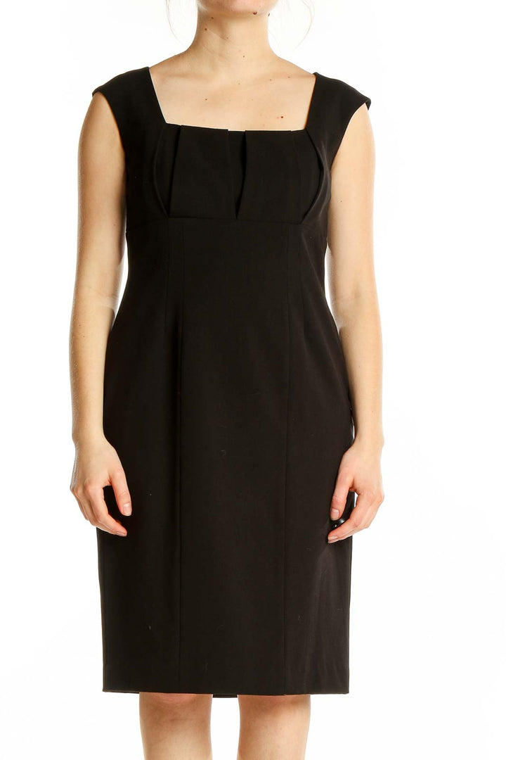 Front view of black Calvin Klein sheath dress with square neckline and cap sleeves