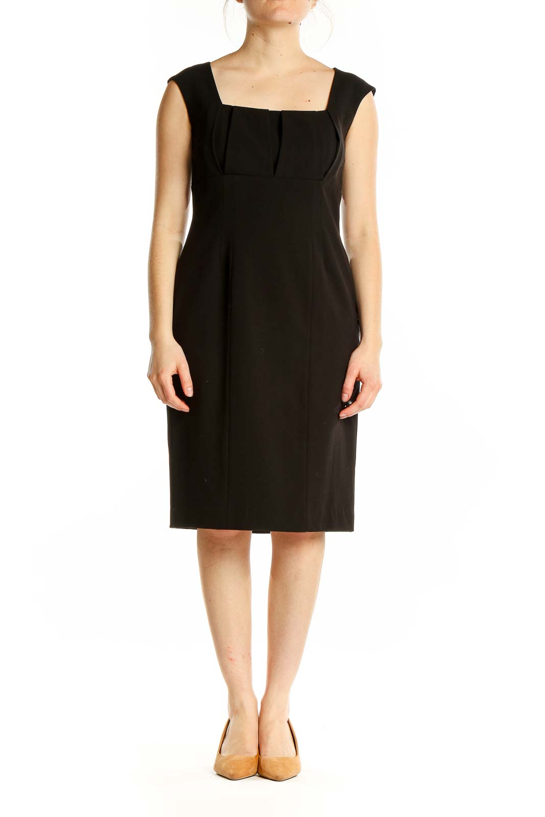 Front view of black Calvin Klein sheath dress with square neckline and cap sleeves