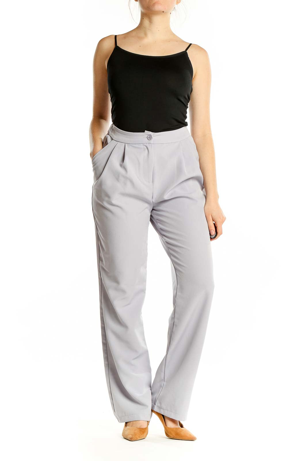 Front view of Sincerely Jules gray pleated wide-leg trousers