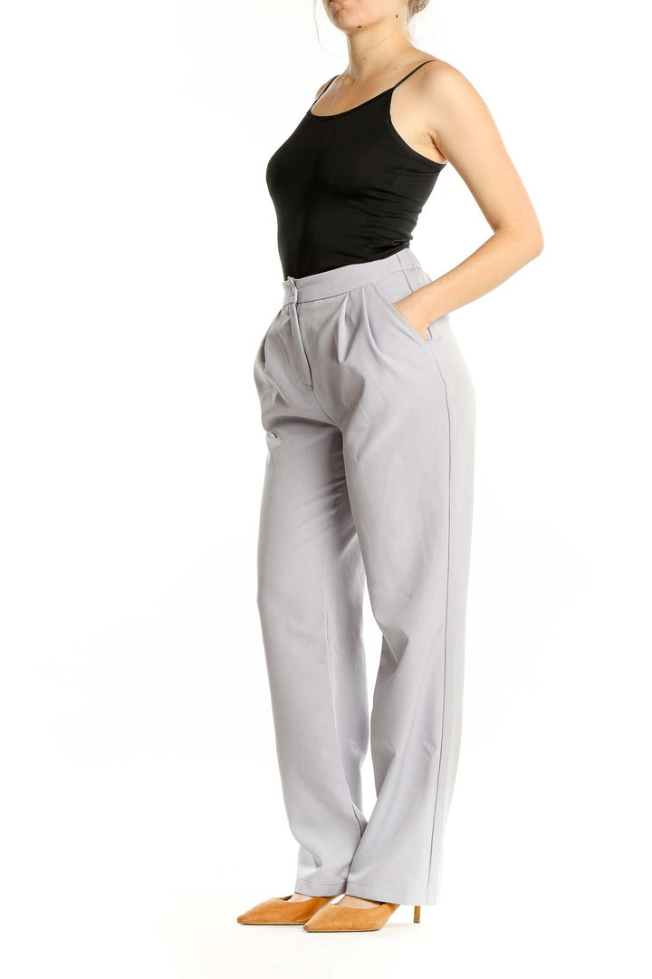 Front view of Sincerely Jules gray pleated wide-leg trousers