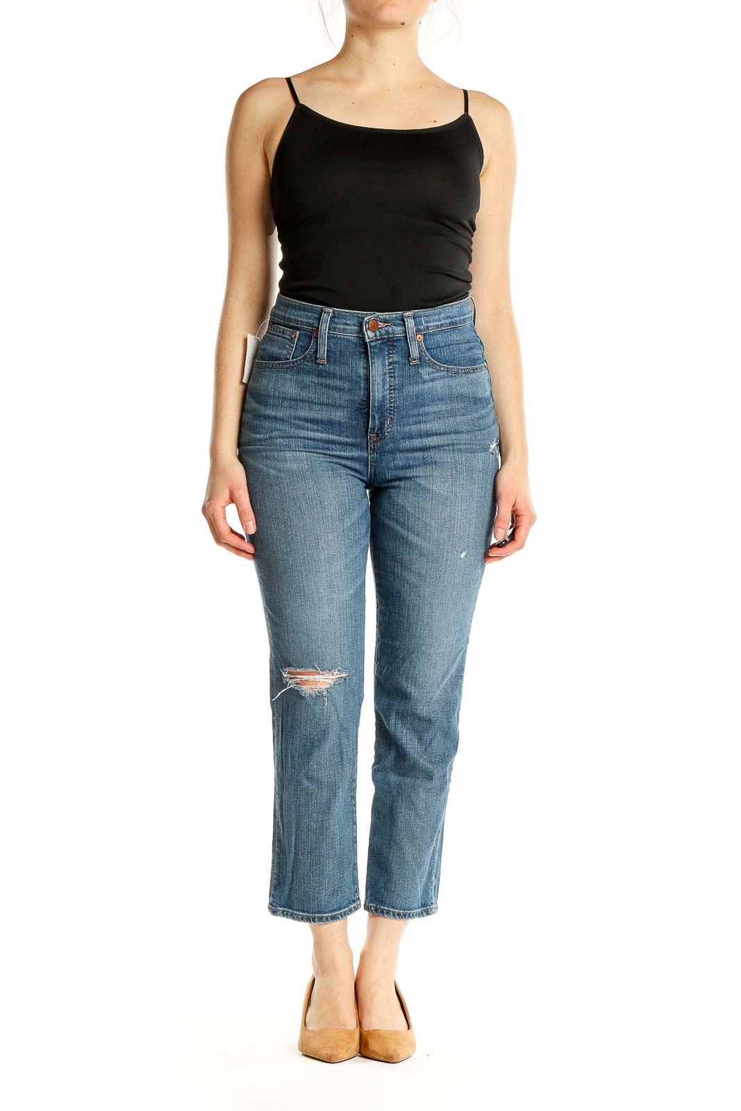 Front view of Madewell blue distressed high-rise cropped jeans