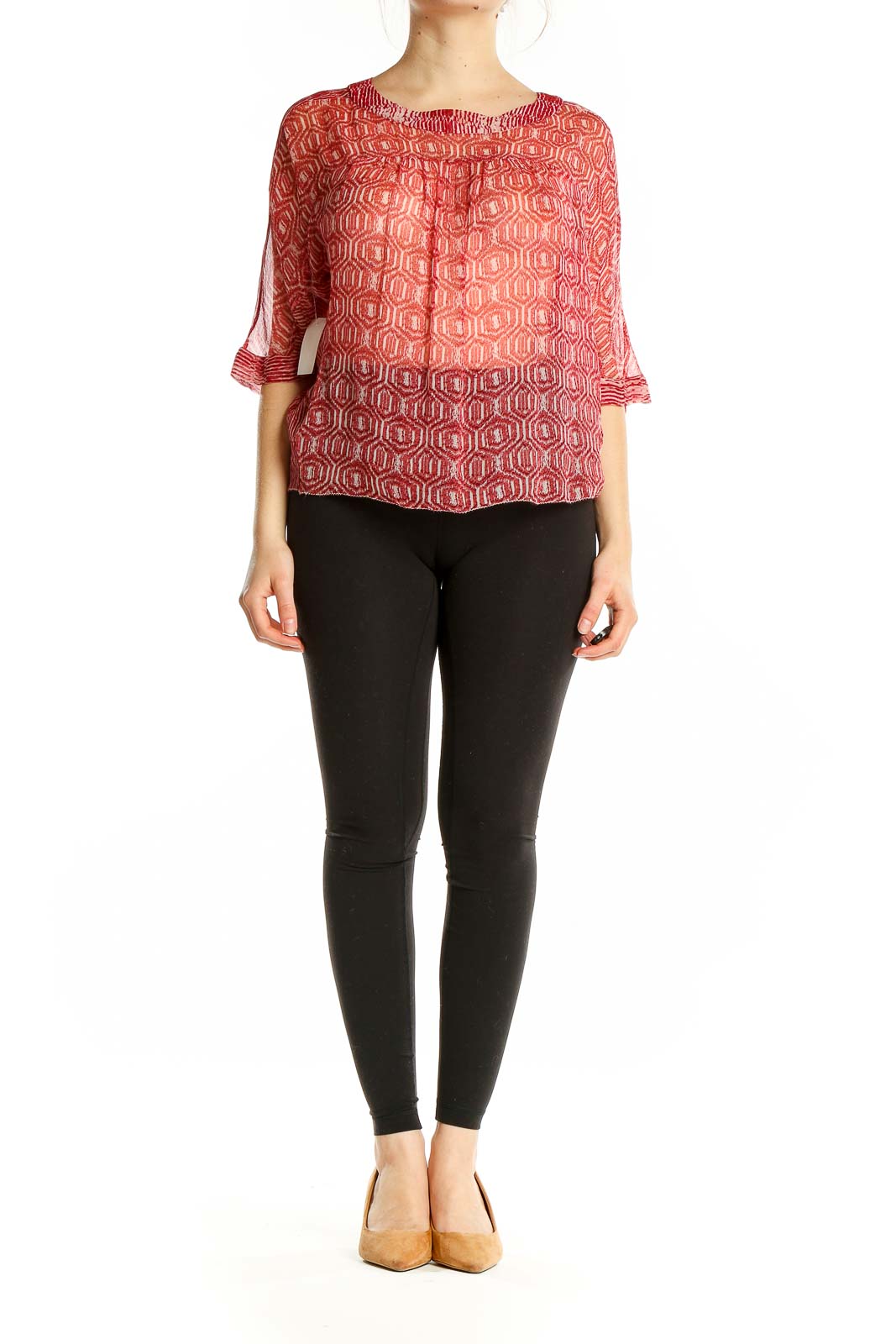 Front view of Isabel Marant Etoile red silk blouse with geometric print