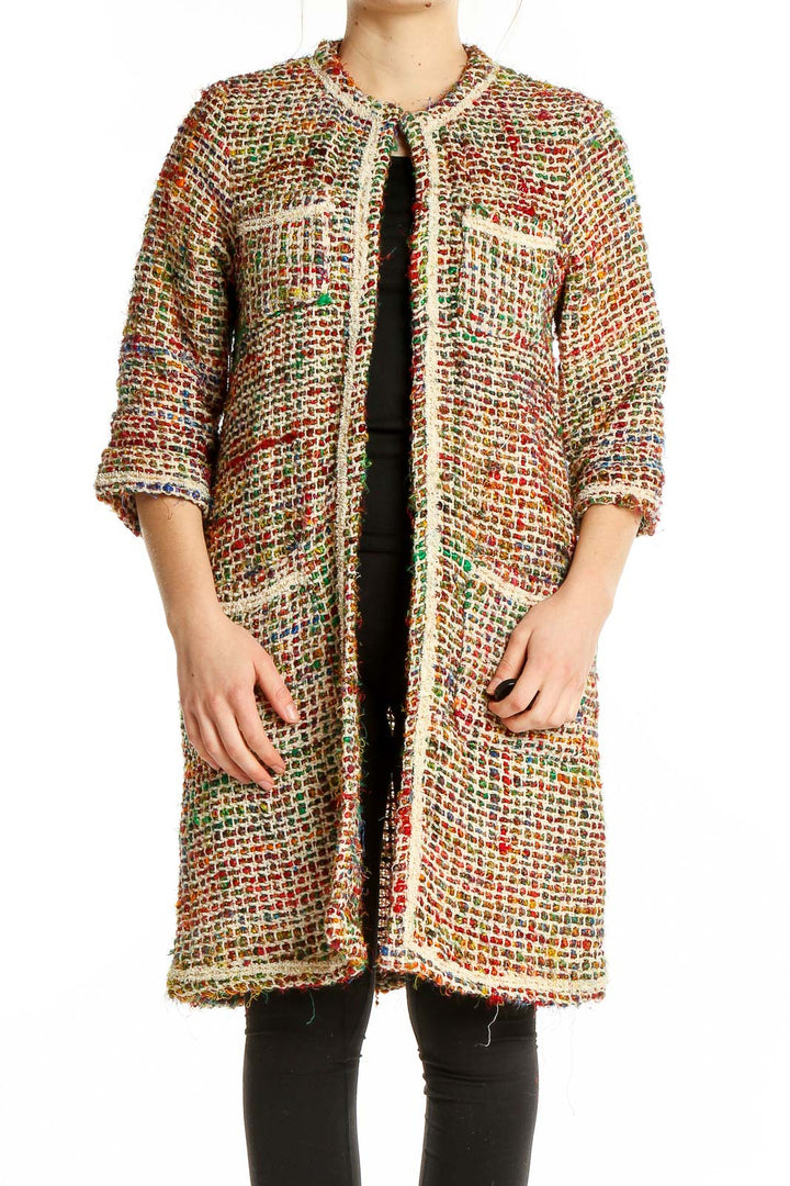 Front view of ett:twa multicolor tweed long jacket with open front and patch pockets