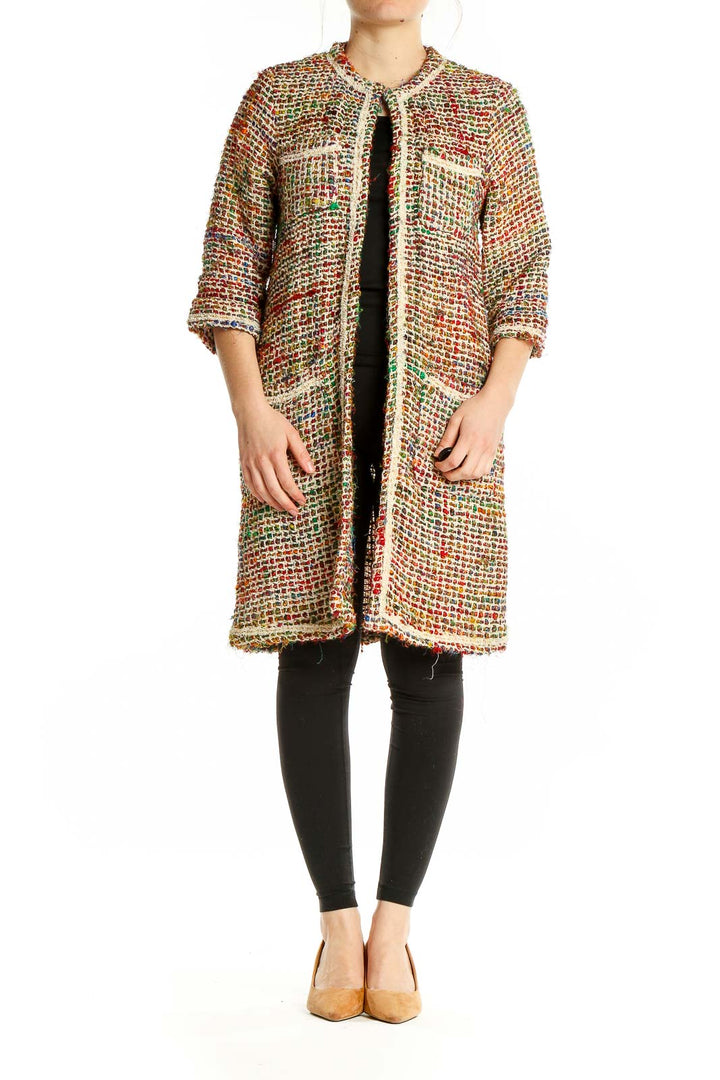 Front view of ett:twa multicolor tweed long jacket with open front and patch pockets