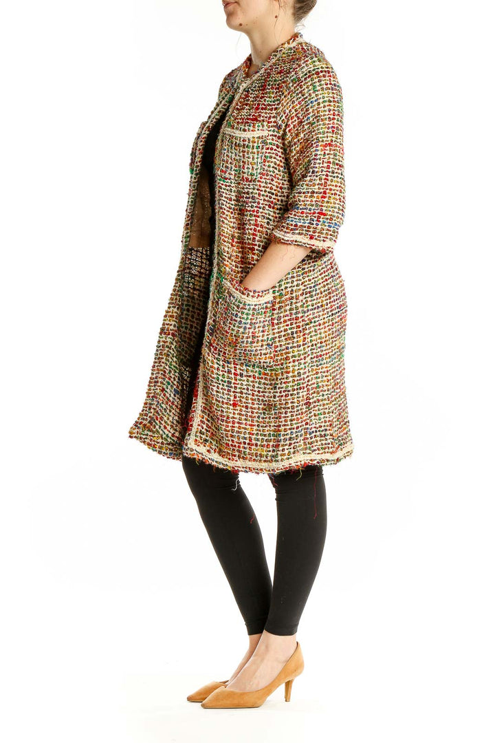 Front view of ett:twa multicolor tweed long jacket with open front and patch pockets