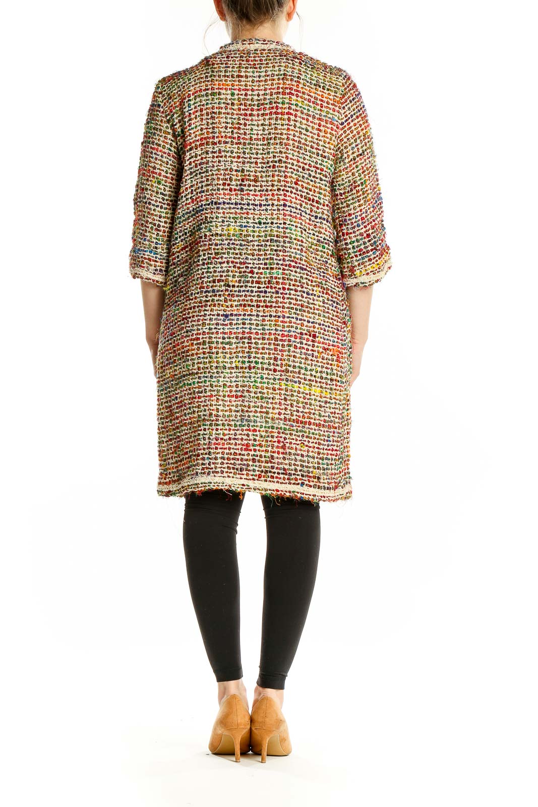 Back view of ett:twa multicolor tweed long jacket showing full length and textured weave