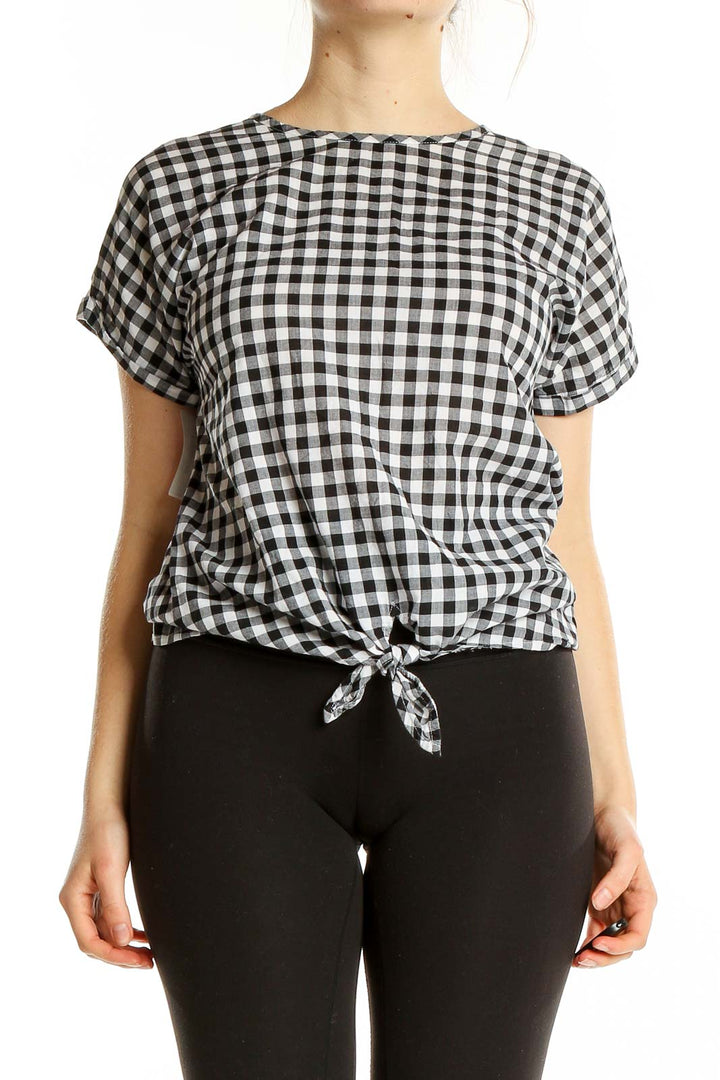 Front view of J.Crew black and white gingham tie-front top