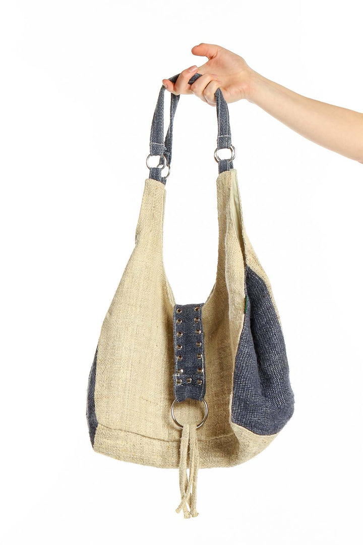 Front view of Hemp Sisters beige and gray hobo shoulder bag with corset detail