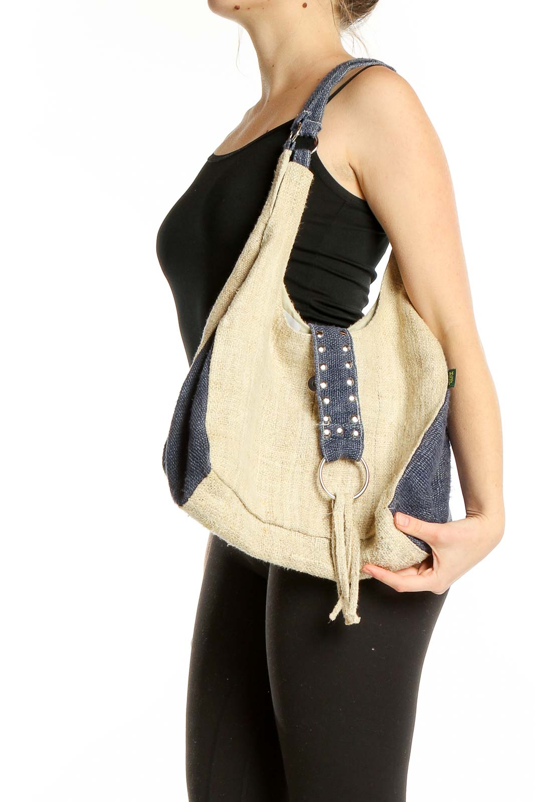 Front view of Hemp Sisters beige and gray hobo shoulder bag with corset detail