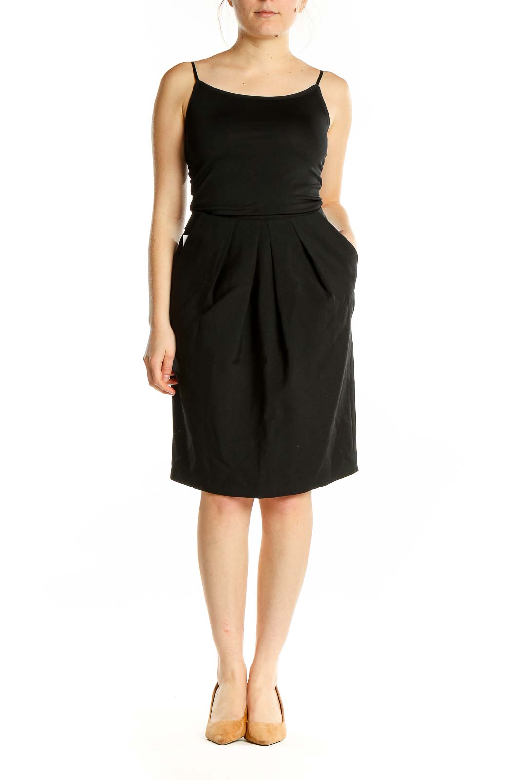 Front view of Jigsaw London black pleated wool blend skirt