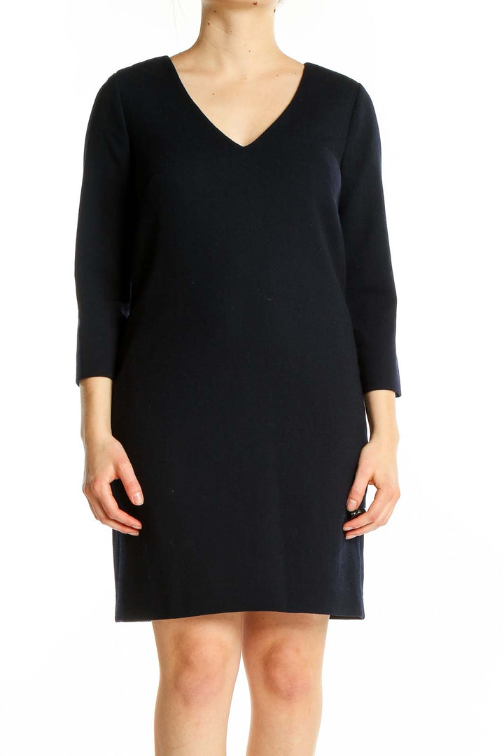 Front view of J.Crew black V-neck shift dress