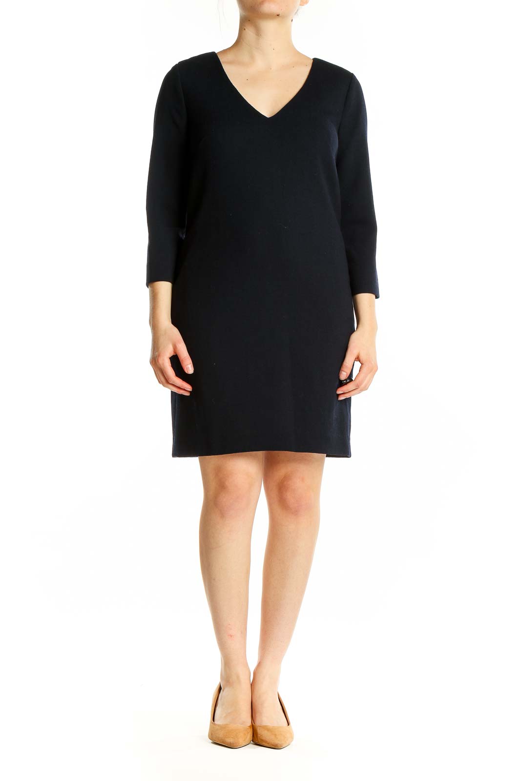 Front view of J.Crew black V-neck shift dress