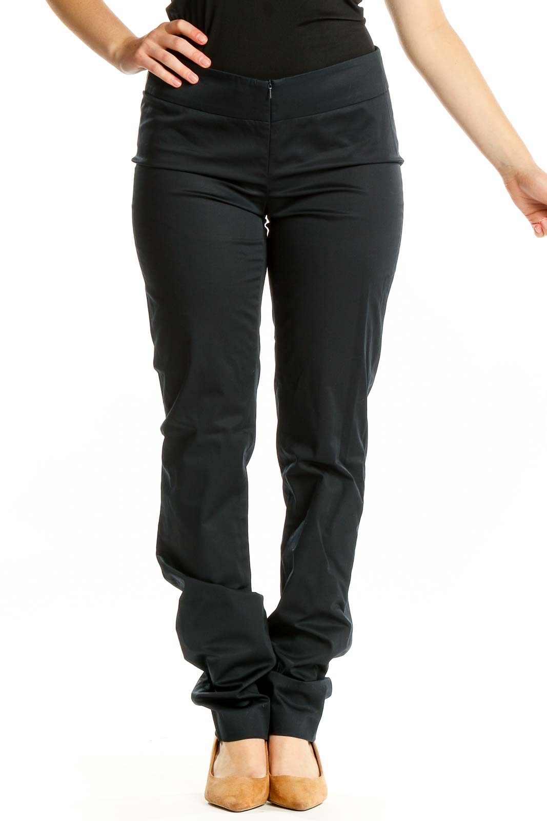 Front view of black slim-fit Worth pants on model