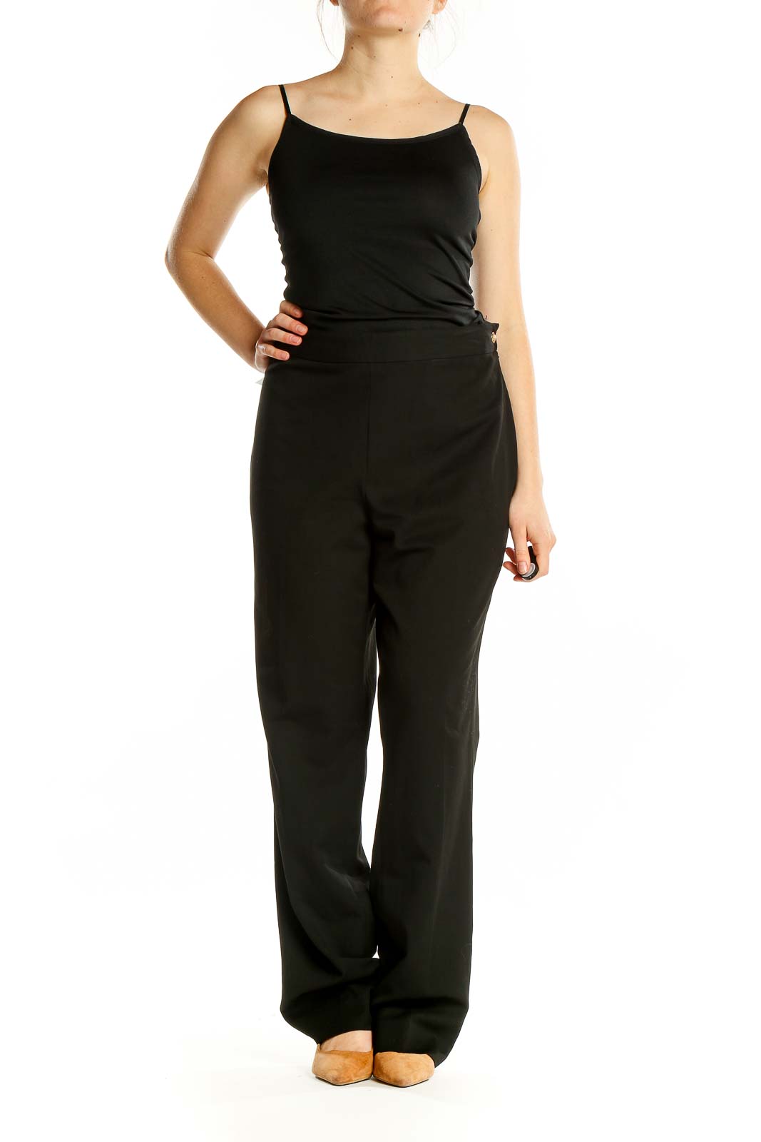 Front view of black wide-leg dress pants by Lauren Ralph Lauren