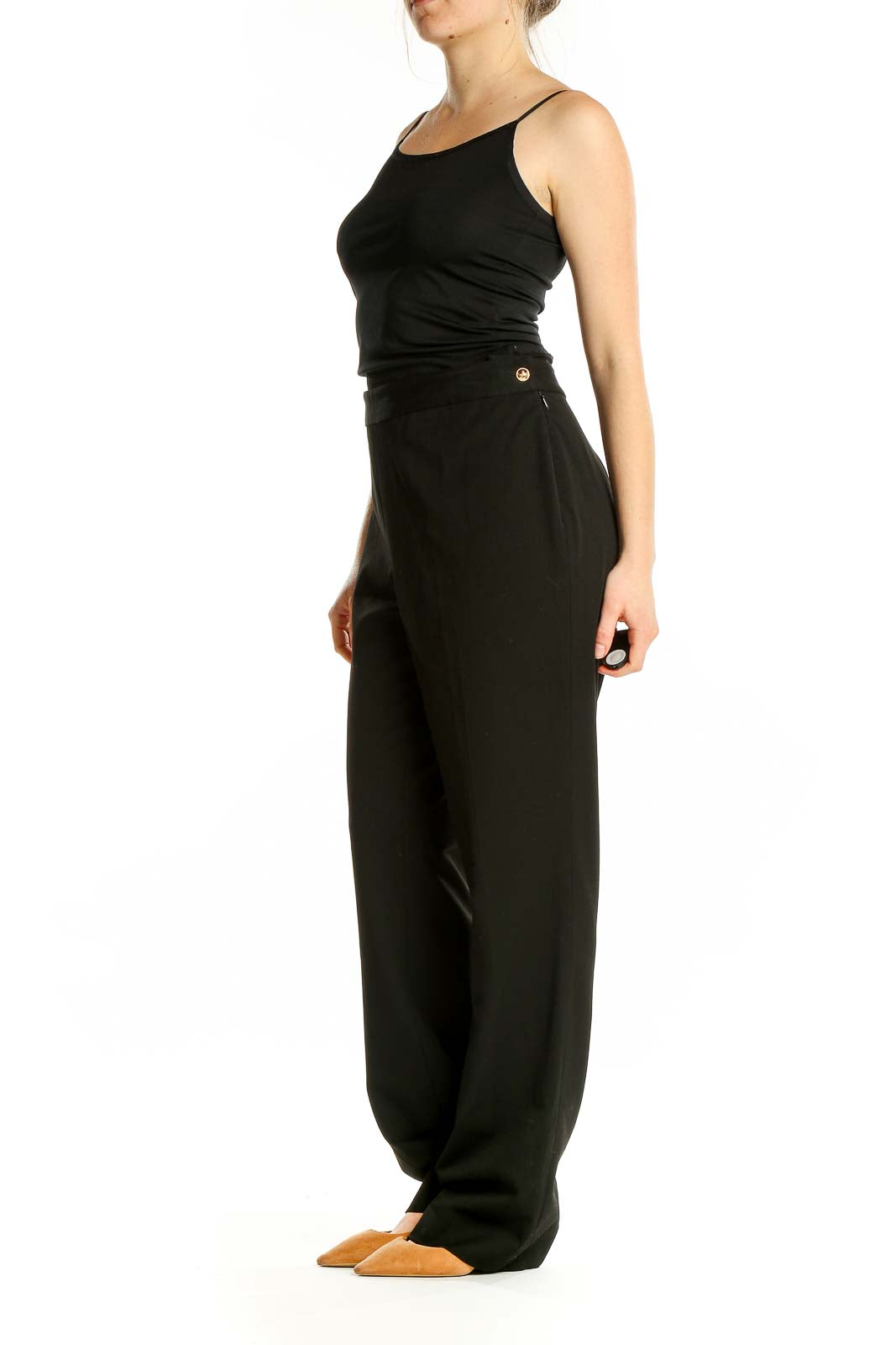 Front view of black wide-leg dress pants by Lauren Ralph Lauren