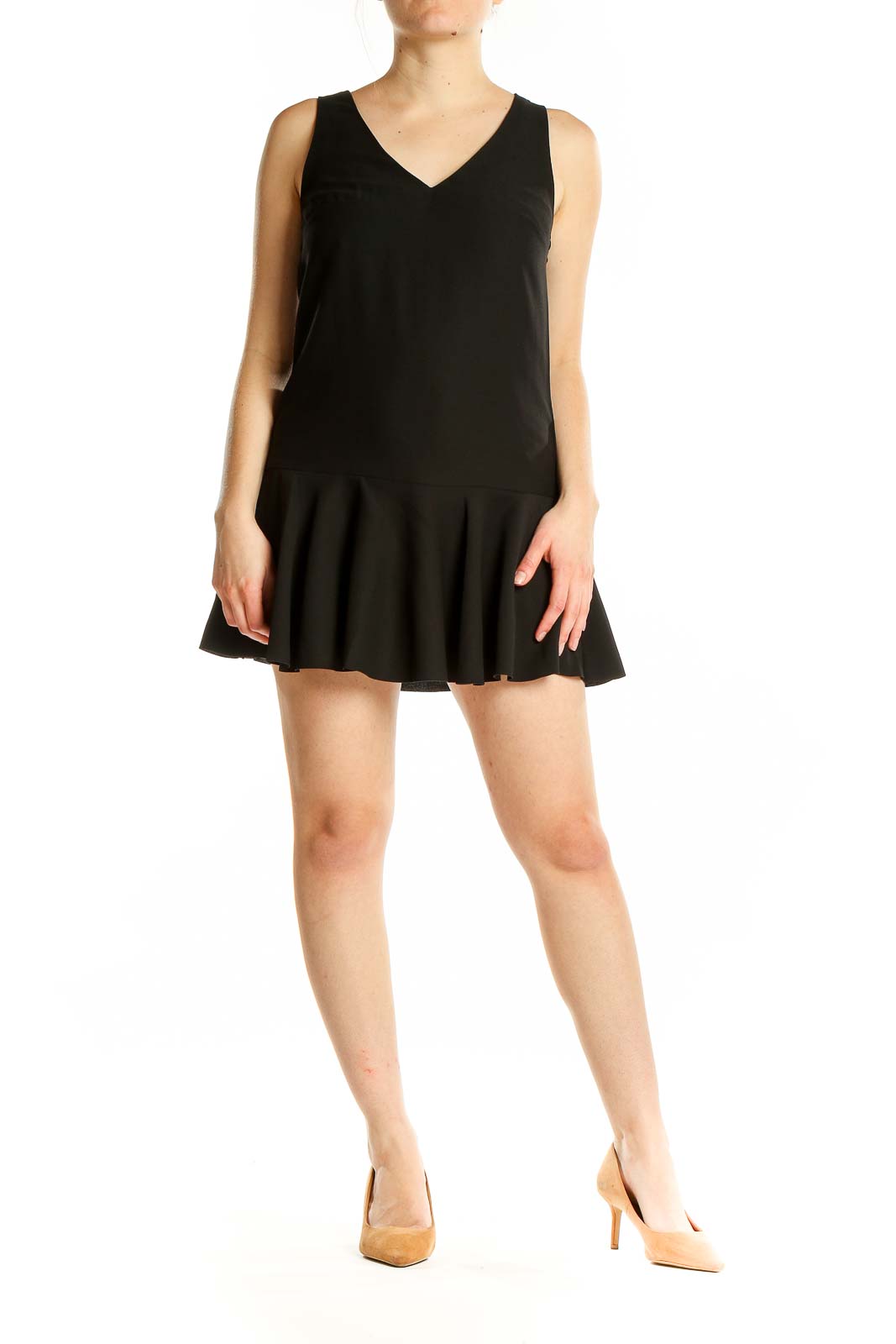 Front view of black Banana Republic mini dress with V-neck and flared skirt