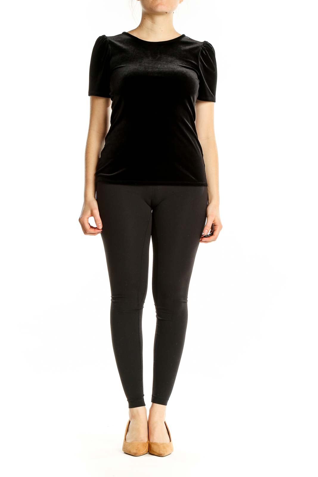 Front view of black velvet puff sleeve top from Express