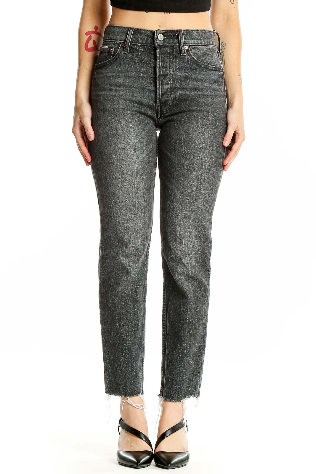 Front view of Gap gray high-rise straight-leg jeans with distressed finish