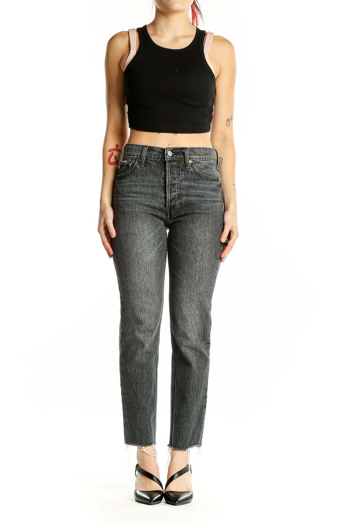 Front view of Gap gray high-rise straight-leg jeans with distressed finish