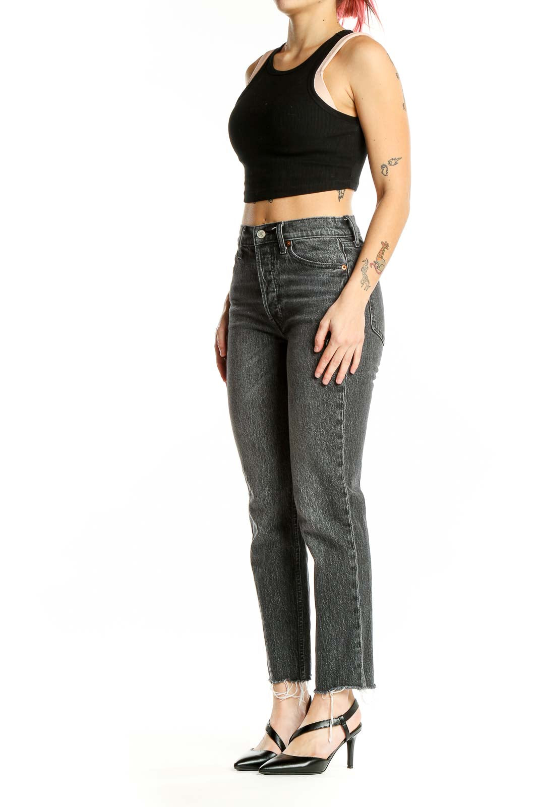 Front view of Gap gray high-rise straight-leg jeans with distressed finish