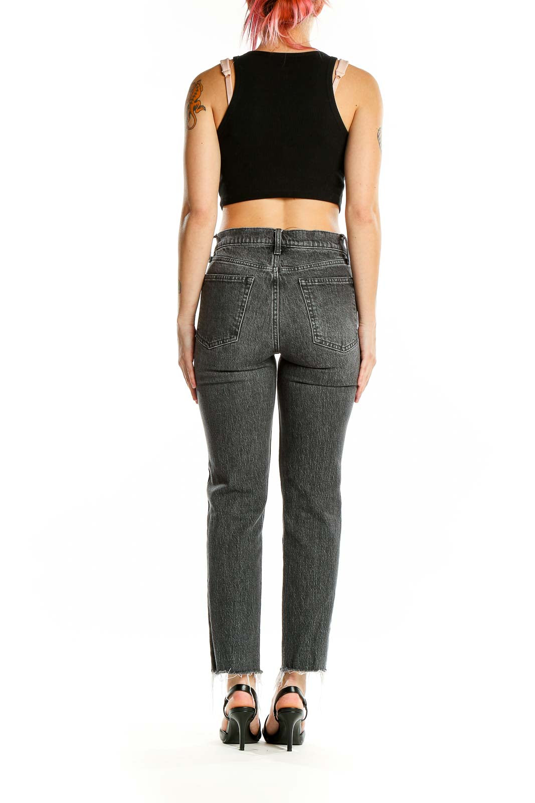 Back view of Gap gray high-rise straight-leg jeans showing pocket design