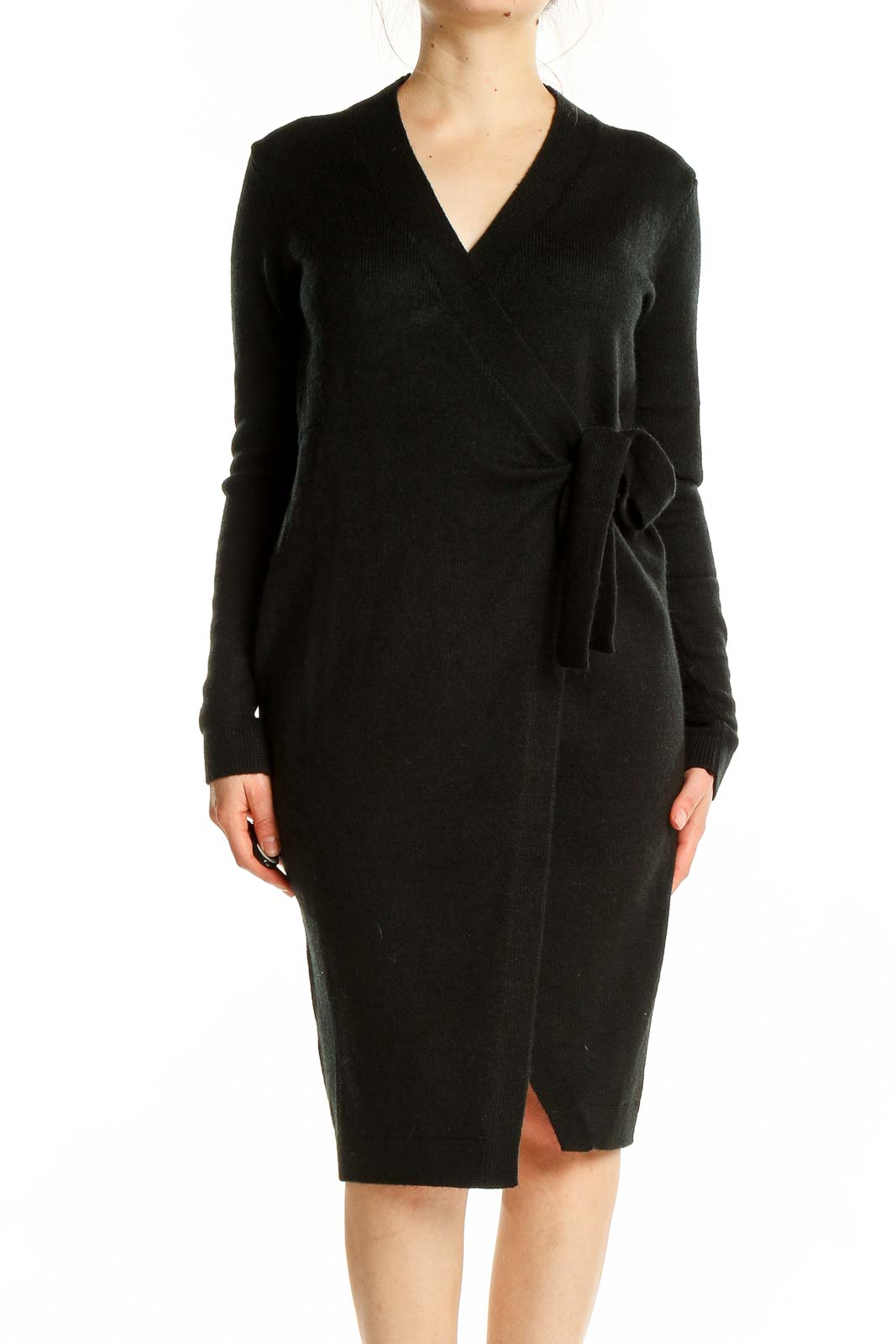 Front view of black wrap-style knit dress from Banana Republic