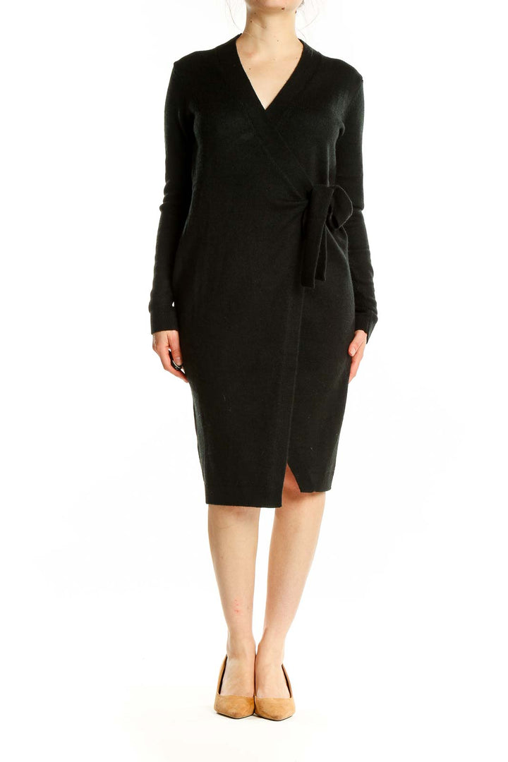 Front view of black wrap-style knit dress from Banana Republic