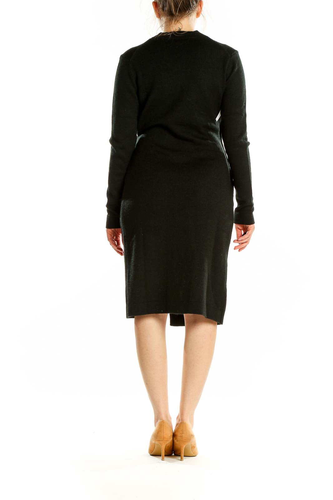 Back view of black wrap-style knit dress from Banana Republic