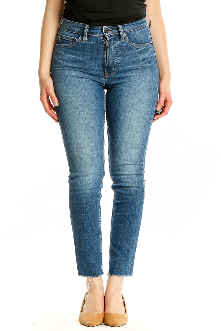 Front view of Gap high-rise skinny ankle jeans in medium wash blue