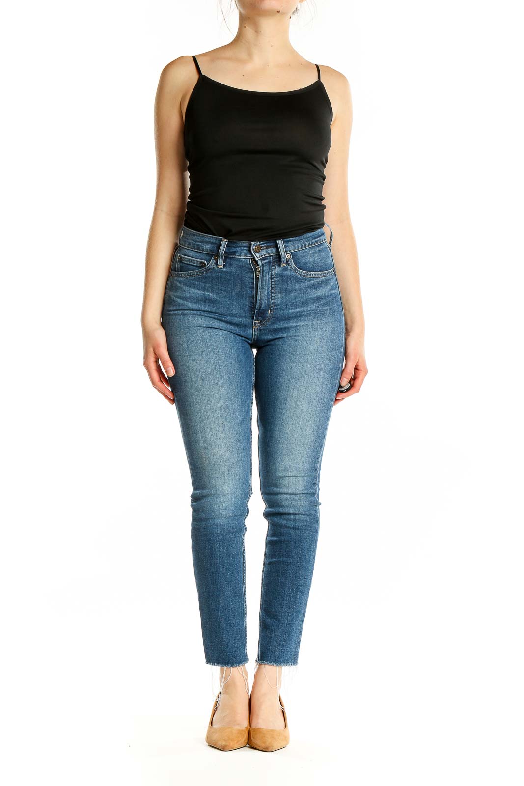 Front view of Gap high-rise skinny ankle jeans in medium wash blue