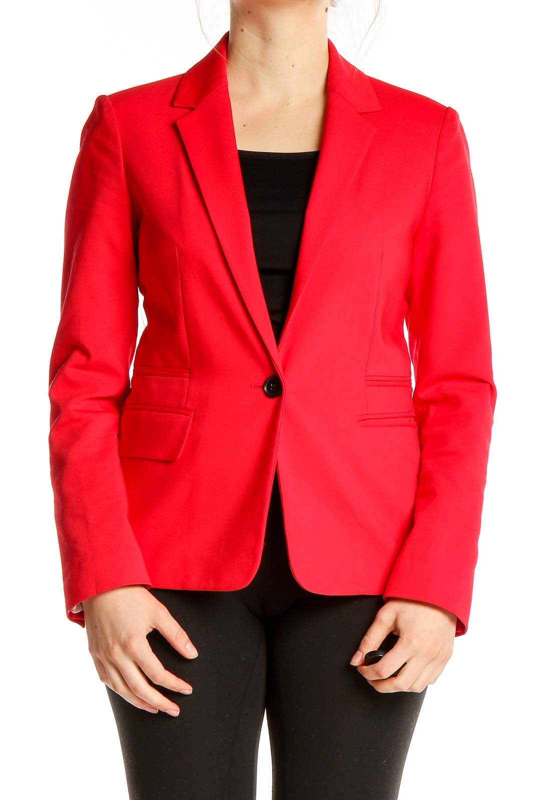 Front view of red Express single-button blazer on model