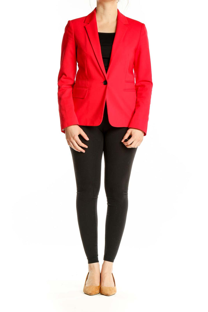 Front view of red Express single-button blazer on model