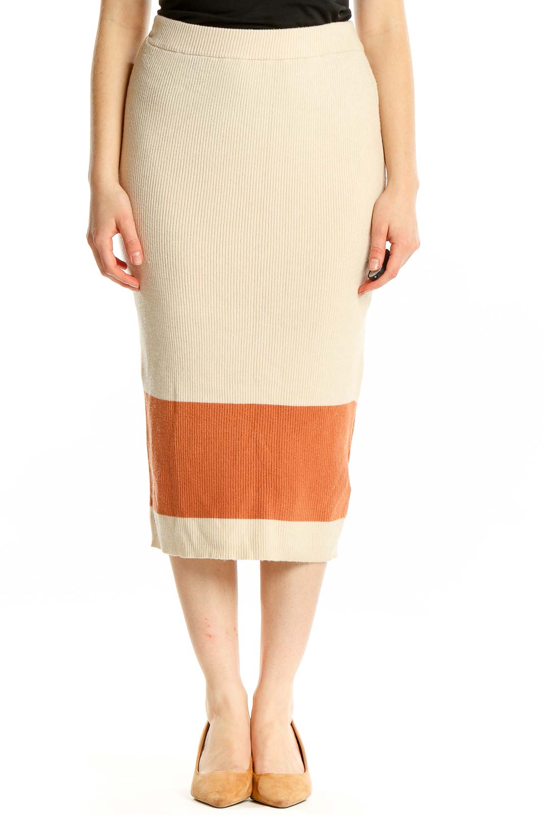 Front view of Roxy beige and orange ribbed midi skirt