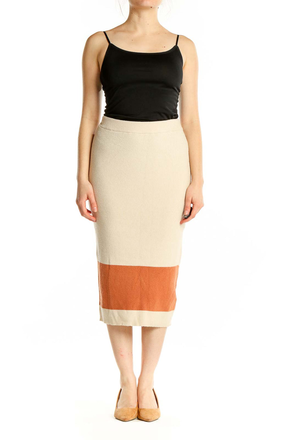 Front view of Roxy beige and orange ribbed midi skirt